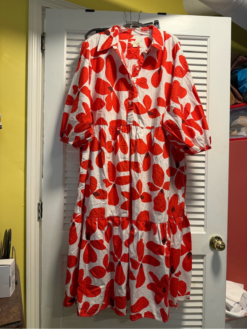 Anthropologie Red & White Floral Tiered Button-Front Dress